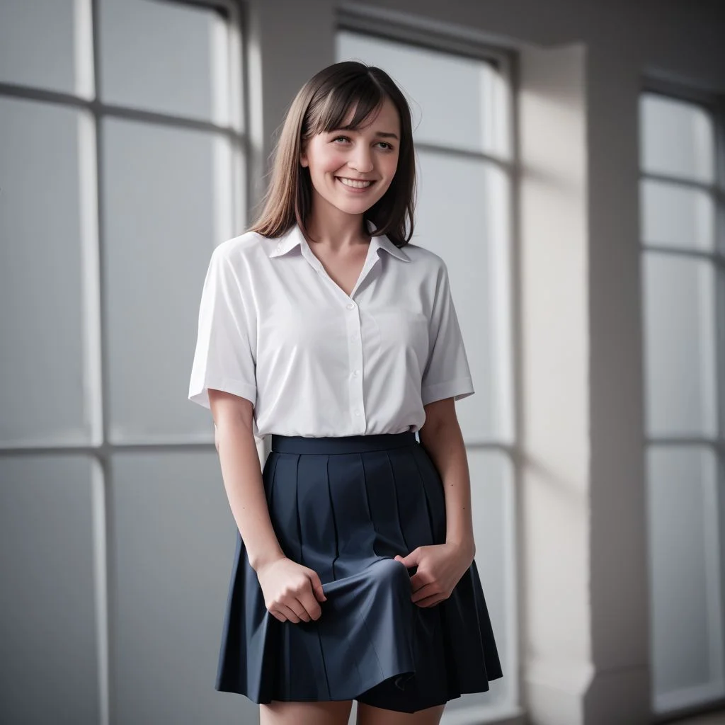 score_9, score_8_up, score_7_up, female student at school, wearing skirt, wearing blouse, futanari, futent, photorealism, realistic photograph, depth of field, shy smile, looking downwards