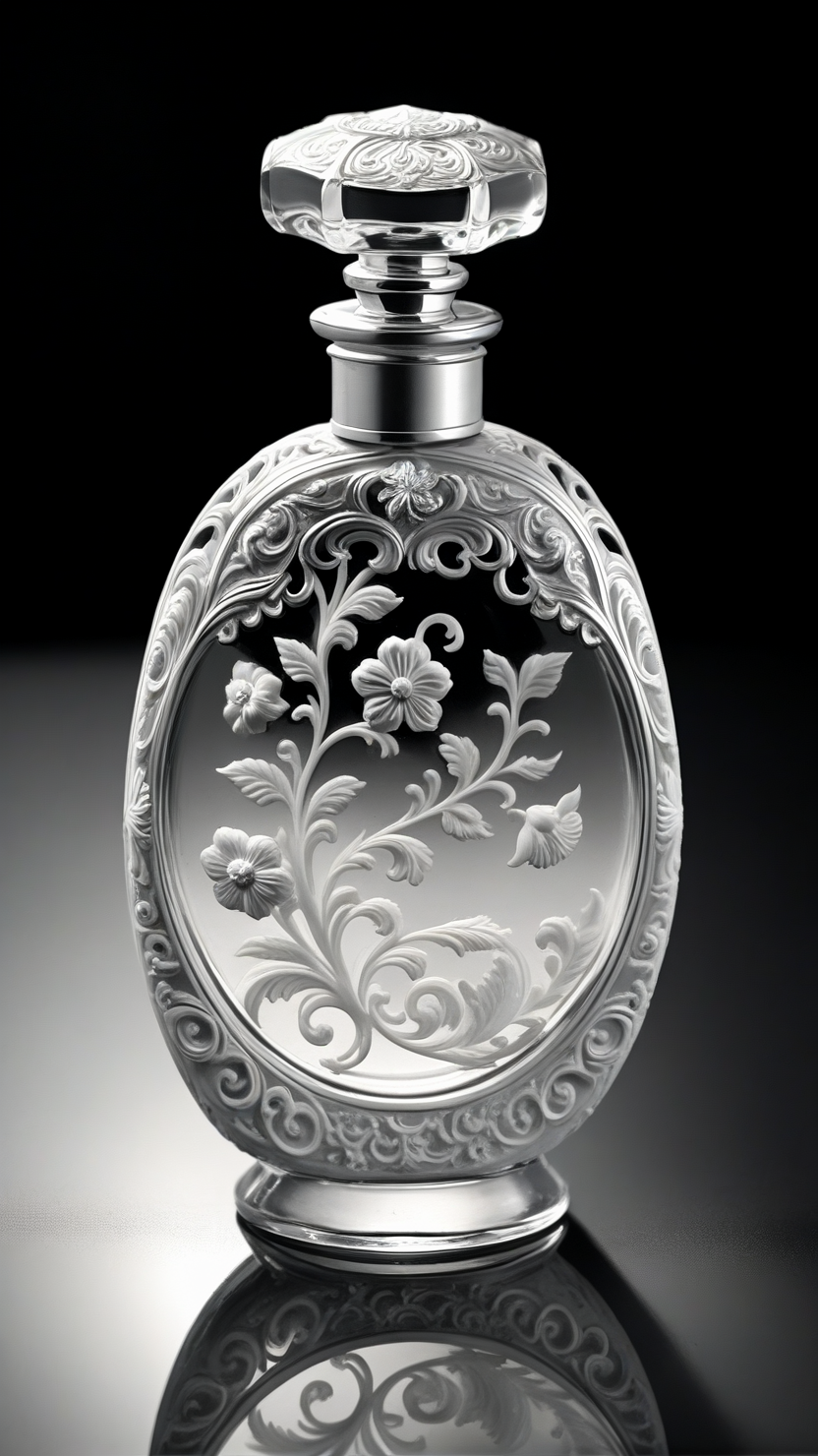 <lora:3DPrintingXL:1>,whitemold,3d printed mold,art style,greyscale,monochrome, 1vintage perfume bottle, solo, intricate stopper, swirling glass, delicate engraving, elegant curves, soft reflection, timeless beauty