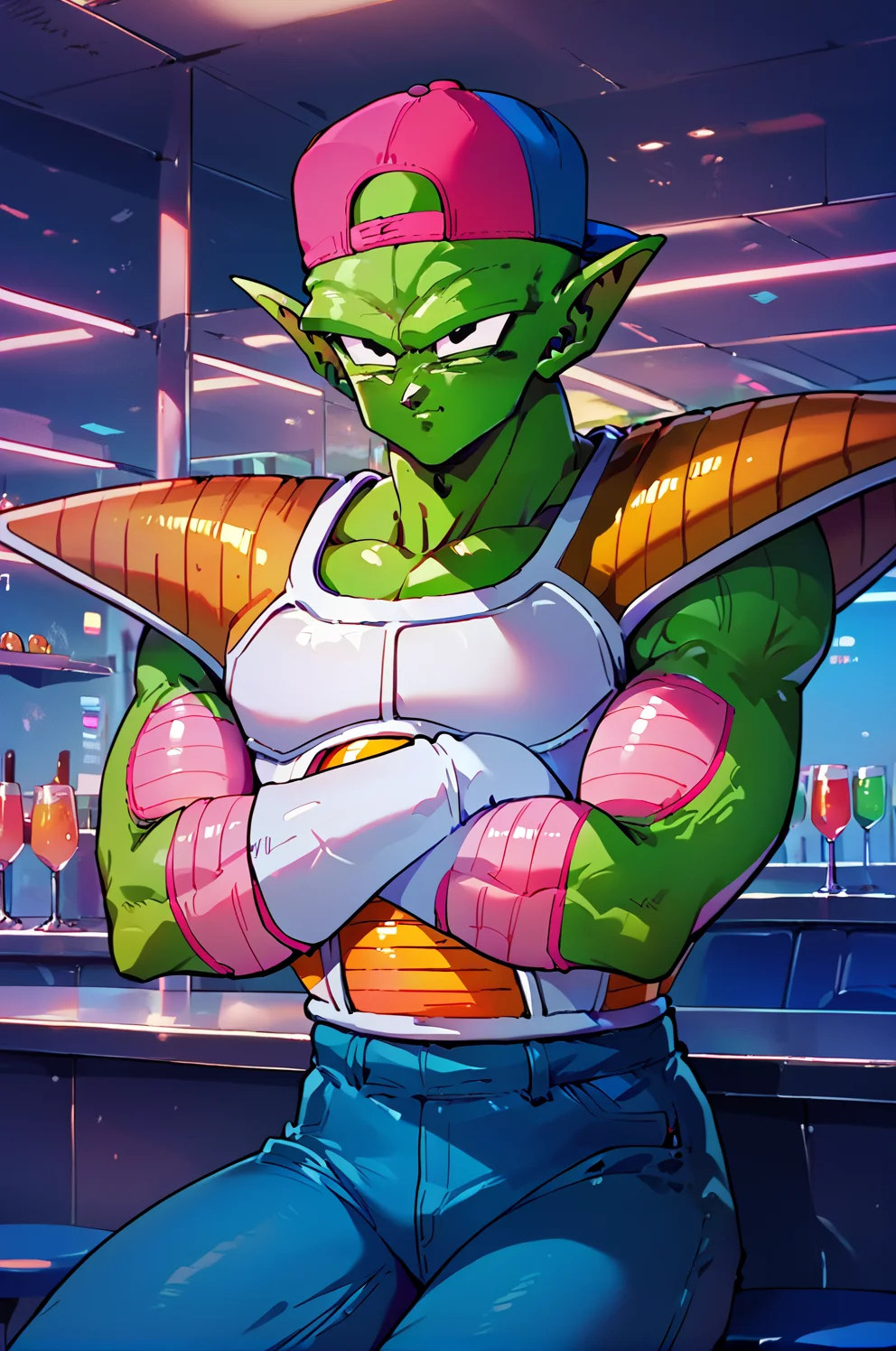 rating_safe, piccolo, green skin, pink patches, pointy ears, black eyes, blue baseball cap, backwards hat, jeans, score_9, score_8_up, score_7_up, score_6_up, white saiyanarmor, shoulder pads, white gloves, crossed arms, sitting, strip club
<lora:pony_char_xl.Piccolo_v0_9:1> <lora:SaiyanArmorPony:1>