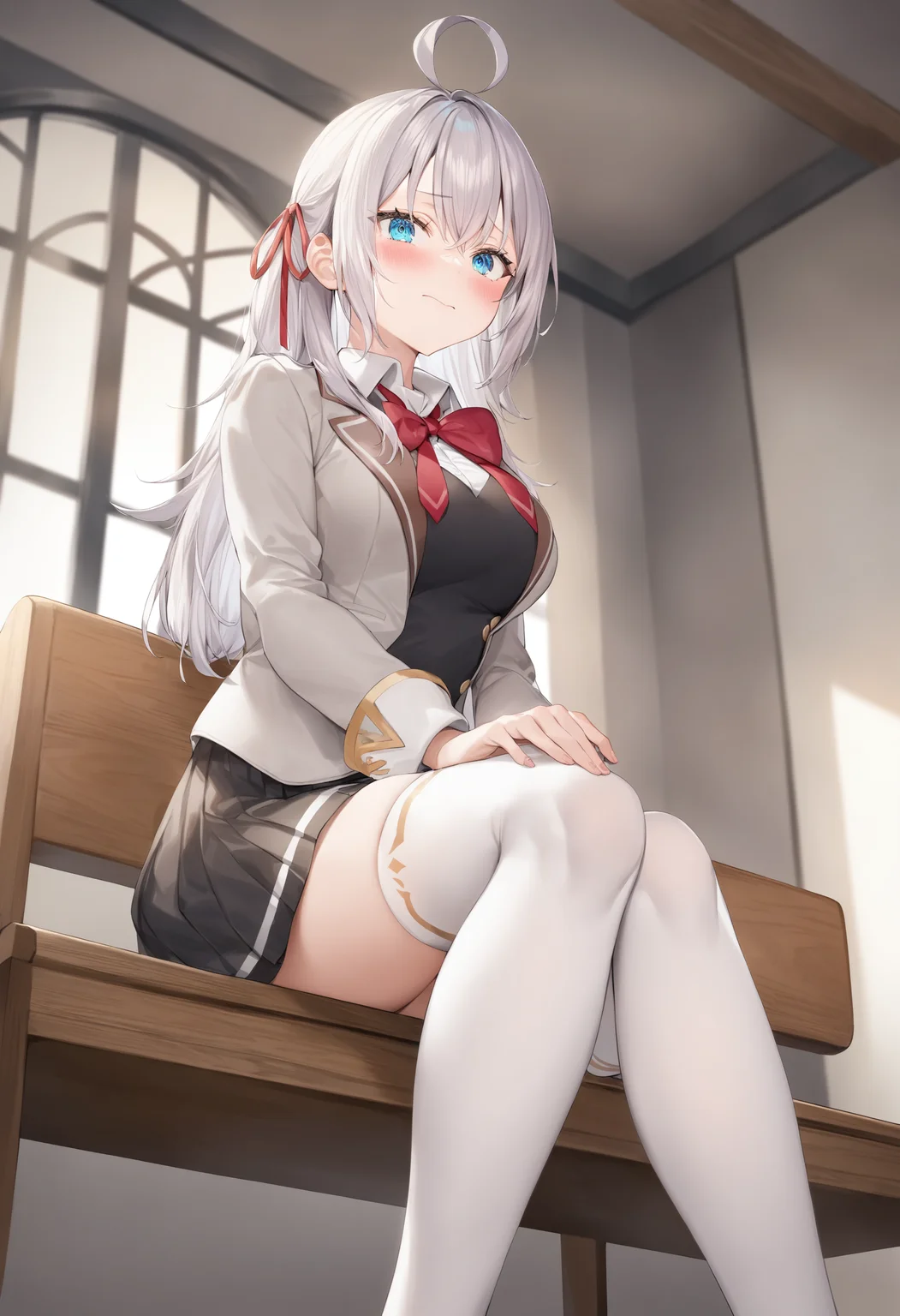 1girl, alisa mikhailovna kujou,tokidoki bosotto roshia-go de dereru tonari no arya-san,<lora:alisa_XL_v1:0.8>
solo, long hair, eyebrows visible through hair, hair between eyes, silver hair, hair ribbon, blue eyes, medium breasts, school uniform,white legwear,zettai ryouiki, long sleeves, jacket,
from below, feet out of frame, looking at viewer, full face blush, in church dark, closed mouth,
best quality, very aesthetic, absurdres