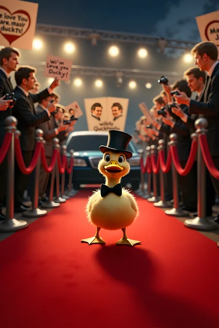 A hilarious scene featuring a dapper duck strutting confidently down a red carpet at a glamorous movie premiere. The duck, wearing a tiny black bow tie and matching top hat, is surrounded by flashing cameras and adoring fans. It waddles with an air of importance, head held high, as if it's the star of the evening. Paparazzi crouch down, snapping pictures, while onlookers behind velvet ropes hold up signs with phrases like "We Love You, Ducky!" and "Quacktastic!" The red carpet is lined with bright lights and a backdrop featuring the duck's face on movie posters. In the background, a limousine is parked, adding to the celebrity atmosphere. The duck’s expression is almost smug, as if fully aware of its fame, making the scene both absurd and delightful. The lighting is glamorous, with spotlights focused on the duck, creating an amusing contrast between the duck’s everyday appearance and the high-profile, Hollywood setting.