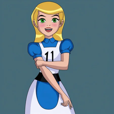 1girl ,solo,feminized, sissy trap version of ben tennyson dressed as Alice, AliceWaifu , green eyes, female focus,