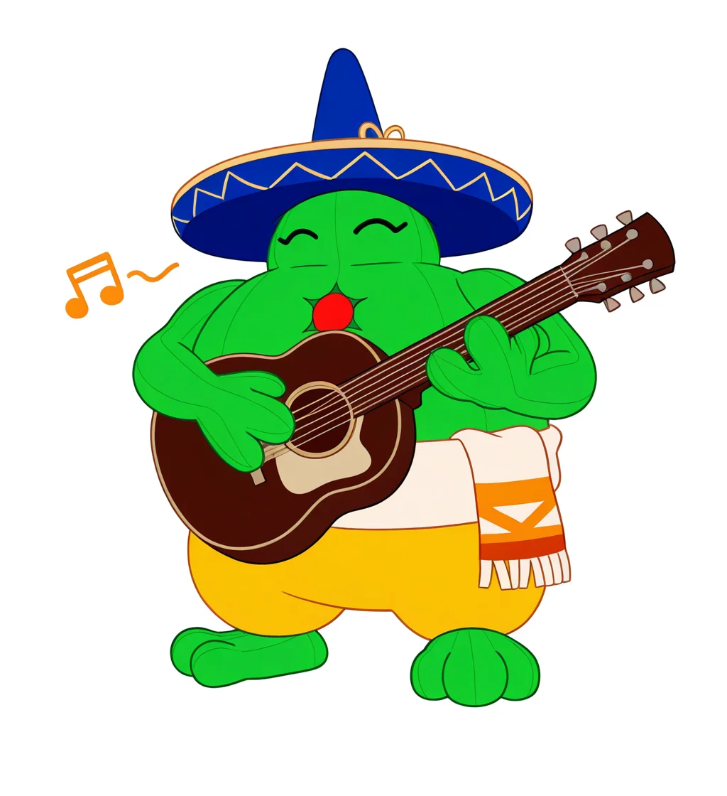 high resolution, best quality, 4k, 3d render, solo, male, front view, happy, eyes closed, acoustic guitar, holding guitar, music notes, music note background, <lora:Amingo_-_Marvel_VS_Capcom_IL:1> 4ming0, plant humanoid, earless, mouthless, noseless, symbol on chest, blue sombrero, green skin, yellow pants, round body, belt cloth, 3 fingers, 3 toes, overweight