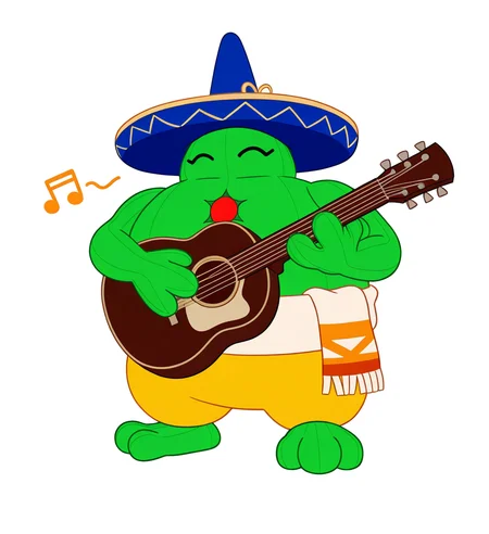 high resolution, best quality, 4k, 3d render, solo, male, front view, happy, eyes closed, acoustic guitar, holding guitar, music notes, music note background, <lora:Amingo_-_Marvel_VS_Capcom_IL:1> 4ming0, plant humanoid, earless, mouthless, noseless, symbol on chest, blue sombrero, green skin, yellow pants, round body, belt cloth, 3 fingers, 3 toes, overweight
