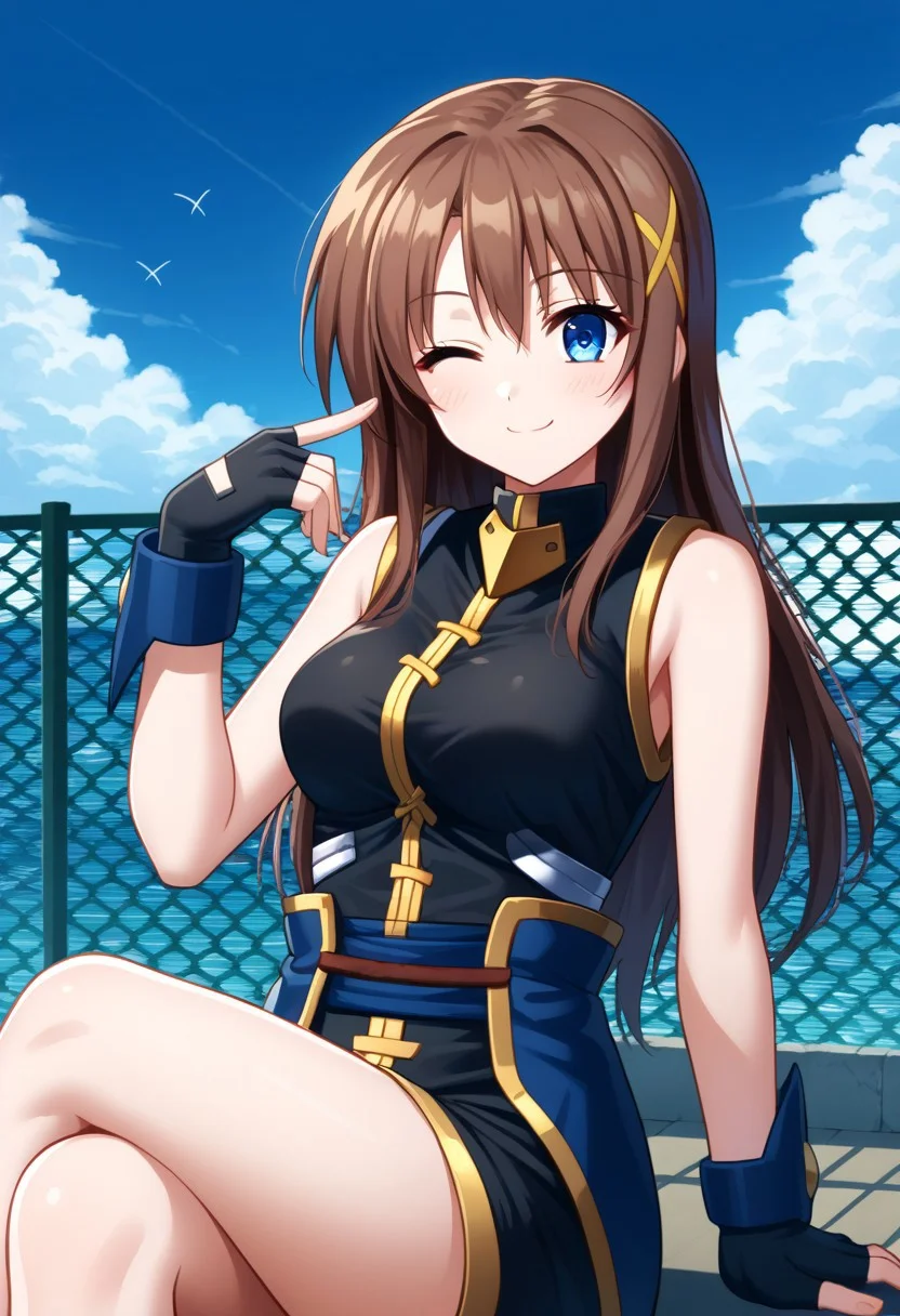 score_9, score_8_up, score_7_up, source_anime, good anatomy, 1girl, solo, HayateYagami, brown hair, long hair, x hair ornament, blue eyes, black dress with gold trim, short dress, fingerless gloves, bare shoulders, bare legs, corset, sitting, crossed legs, smiling, winking, on fence, ocean, blue sky, clouds