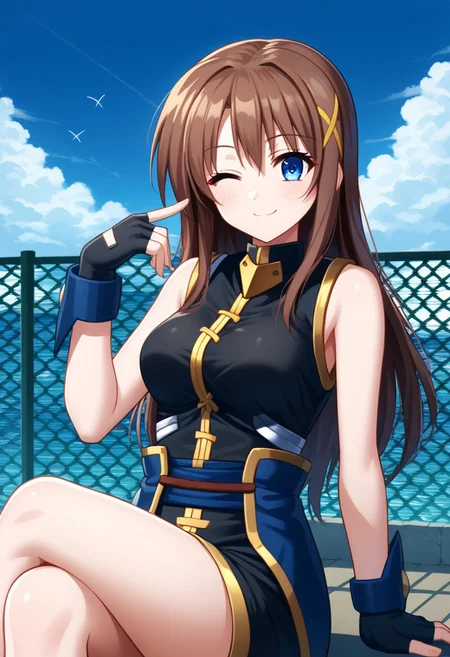score_9, score_8_up, score_7_up, source_anime, good anatomy, 1girl, solo, HayateYagami, brown hair, long hair, x hair ornament, blue eyes, black dress with gold trim, short dress, fingerless gloves, bare shoulders, bare legs, corset, sitting, crossed legs, smiling, winking, on fence, ocean, blue sky, clouds