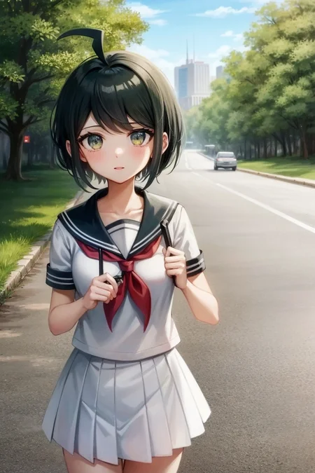 solo, 1girl, cowboy shot, outdoors, street, <lora:Naegi_Komaru_v3-000008:1>, naegi komaru, danganronpa \(series\), short hair, ahoge, serafuku, red neckerchief, blue sailor collar, white shirt, blue skirt,