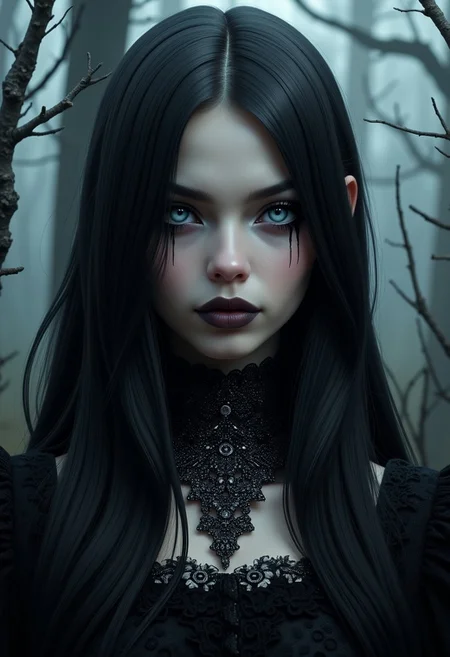 This is a highly detailed digital artwork showcasing a young woman with a haunting, gothic aesthetic. Her long, dark, straight hair flows smoothly over her shoulders, casting shadows across her pale, almost ethereal face. Her eyes are an icy blue, sharply outlined with dark eyeliner and heavy mascara, giving her a mysterious, otherworldly expression.
A faint, smoky makeup drips subtly down from her eyes, evoking an unsettling, ghostly look that feels both delicate and dark. She wears a high-collared, black lace choker, intricately designed with silver threads woven through, adding an antique elegance to her appearance. The scene is set against a dimly lit, mist-filled forest backdrop, where twisted tree branches and soft, drifting fog create an eerie, mystical atmosphere, emphasizing the character’s haunting, gothic allure.
