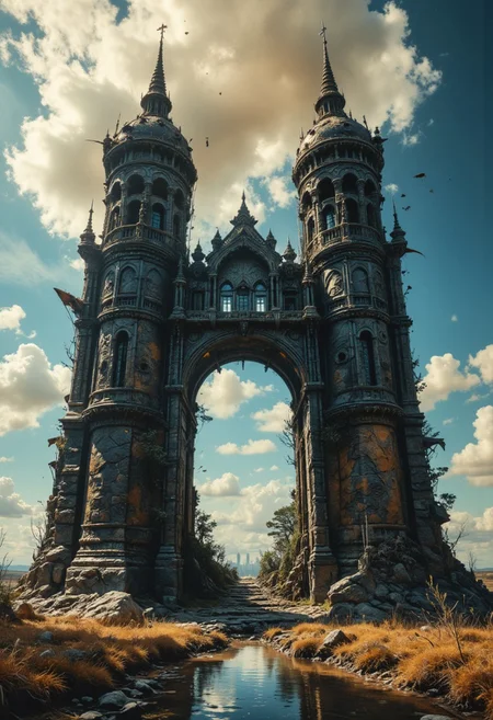 Clay attack from Outer space, A colorful giant Clay abyss floating in outer space, bowing down to viewer, with two dark towering modern-medieval clay towers standing side by side, reaching into the high clouds, connected by a bridge of some sort.  Incorporate modern elements and windows into their design.