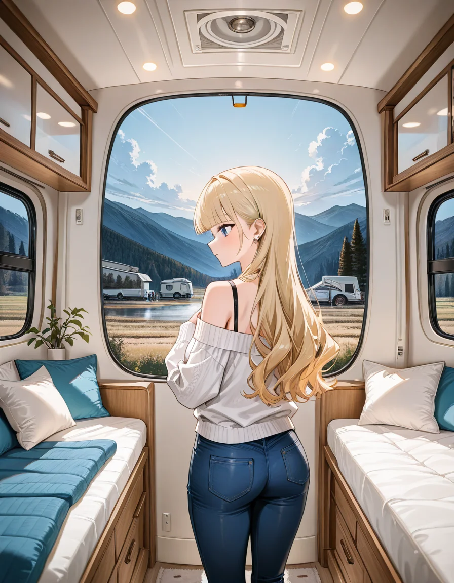 score_9, score_8_up, score_7_up, anime, solo, 1girl, one girl, 
long hair, tucked behind ear, blunt bangs, blonde Hair, blue eyes, feature large highlight, model, 
Princess, oversize white sweater, off shoulder, blue jeans, 
general,
<lora:motorhome:0.8>, motorhome, 
scenery, outdoors, window, plant, indoors, bed, door, ceiling, view from back door, Inside the camper,
 (masterpiece:1.3), best quality, high resolution, unity 8k wallpaper, (illustration:1.2), 8K,