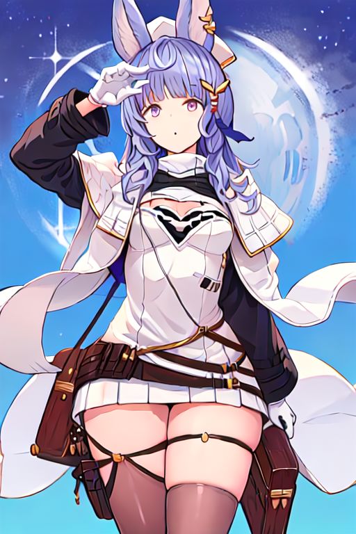 tikohdef, hair ornament, black thighhighs, white gloves, white headwear, white dress, cleavage, white panties, long sleeves