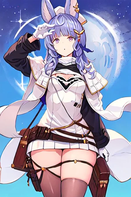 tikohdef, hair ornament, black thighhighs, white gloves, white headwear, white dress, cleavage, white panties, long sleeves