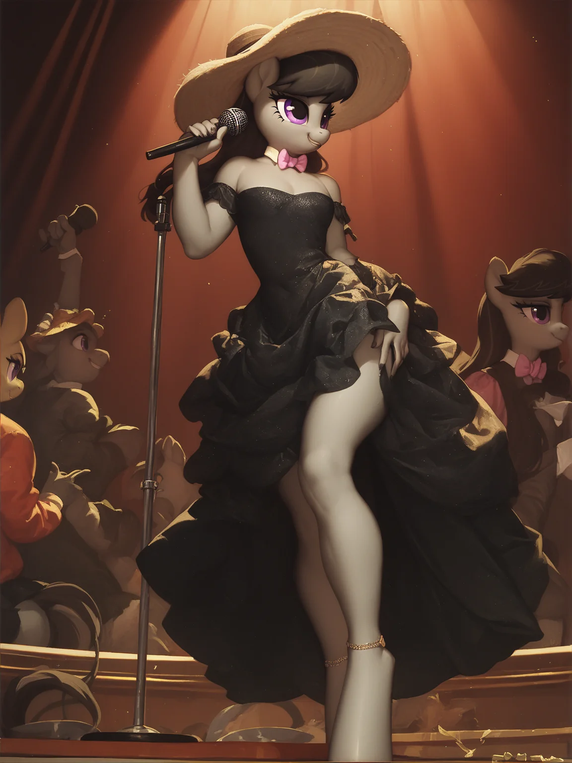 score_9, score_8_up, score_7_up, score_6_up, 1woman, Octavia \(mlp\), anthro pony, tail, sexy dress, wide-brimmed hat, stand microphone, club, on stage <lora:Titian_Vecellio-000011:1>