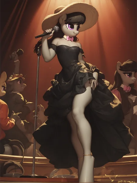 score_9, score_8_up, score_7_up, score_6_up, 1woman, Octavia \(mlp\), anthro pony, tail, sexy dress, wide-brimmed hat, stand microphone, club, on stage <lora:Titian_Vecellio-000011:1>