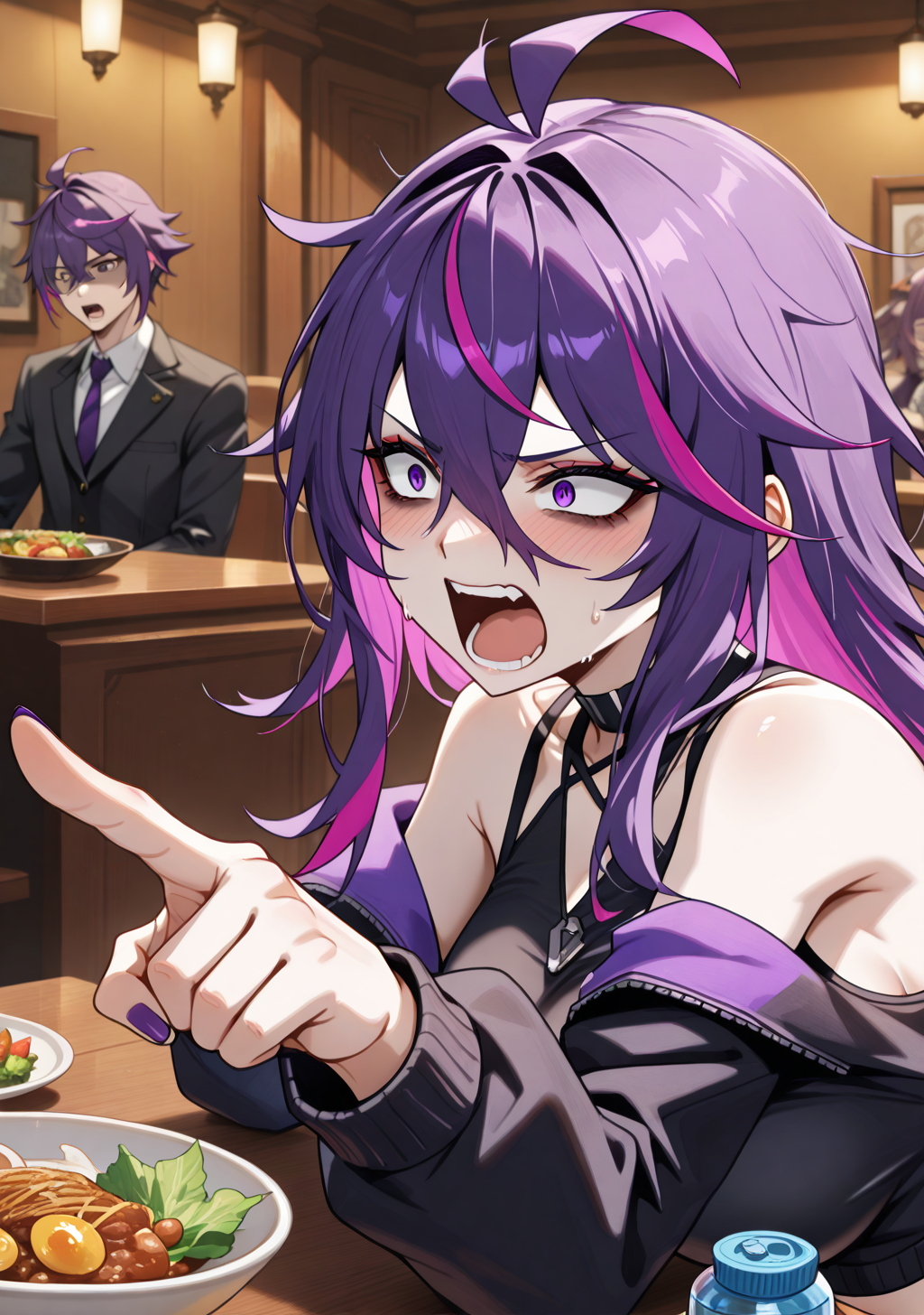masterpiece, best quality, absurdres, perfect lighting,shiny skin,<lora:StS-Illustrious-Detail-Slider-v1.0:3>,<lora:illustrious_noobai_epsilon_pred_1_best_quality_v1:1>,1girl,large breasts,sh_ash,long hair, hair between eyes,dark_purple hair,pink hair,multicolored hair,messy hair,purple eyes,bags under eyes,pale skin,<lora:ash:1>,black jacket,crop top,open jacket,bare shoulders,
BREAK sweat,blush, oily skin,depth of field,restaurant,steam,food,desk,steam,face focus,upper body,water bottle,solo focus,salad, salad bowl, shaded face,disgust,screaming,angry, constricted pupils,refusing,pointing, <lora:Objection_-_Illustrious:1>, crazy eyes, full-face blush, pointing right, pulpit,pointing at viewer,nail polish,