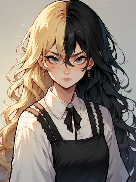 score_9, score_8_up, score_7_up, score_6_up, score_5_up, <lora:spl1th41rXLP:1> spl1th41r, two tone hair, 1girl, long hair, blonde black hair