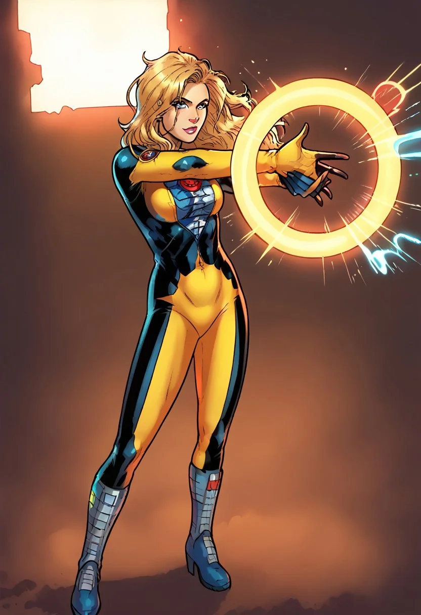 facing forward, full body, looking at viewer, long hair, blonde hair, bodysuit3, 1girl, score_9, score_8_up, score_7_up, western cartoon, neon lighting, very detailed, depth of field, cinematic illumination, volumetric lighting, full color picture, vibrant colors, solo, alone, standing, skinny, small bust