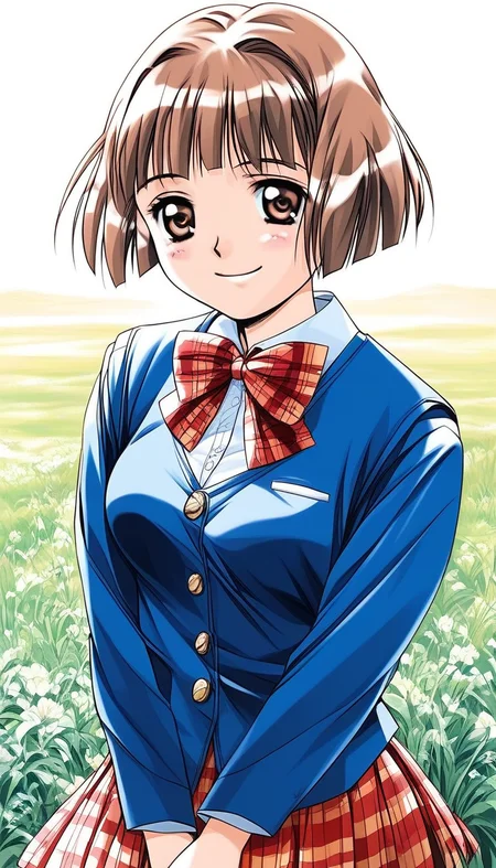 score_9, score_8_up, score_7_up, source_anime, rating_explicit, BREAK <lora:Tsuzuki_Kozue_XL:1>Tsuzuki_Kozue, brown hair, short hair, brown eyes, blunt bangs, medium breasts,
1girl, solo, skirt, plaid, long sleeves, 1990s (style), smile, plaid skirt, bow, 
school uniform, blue vest, looking at viewer, Yellow long sleeve,
pleated skirt,  bowtie, shirt, red skirt, v arms,
 plaid bow, bob cut, plaid bowtie, cowboy shot,
grass, sky,