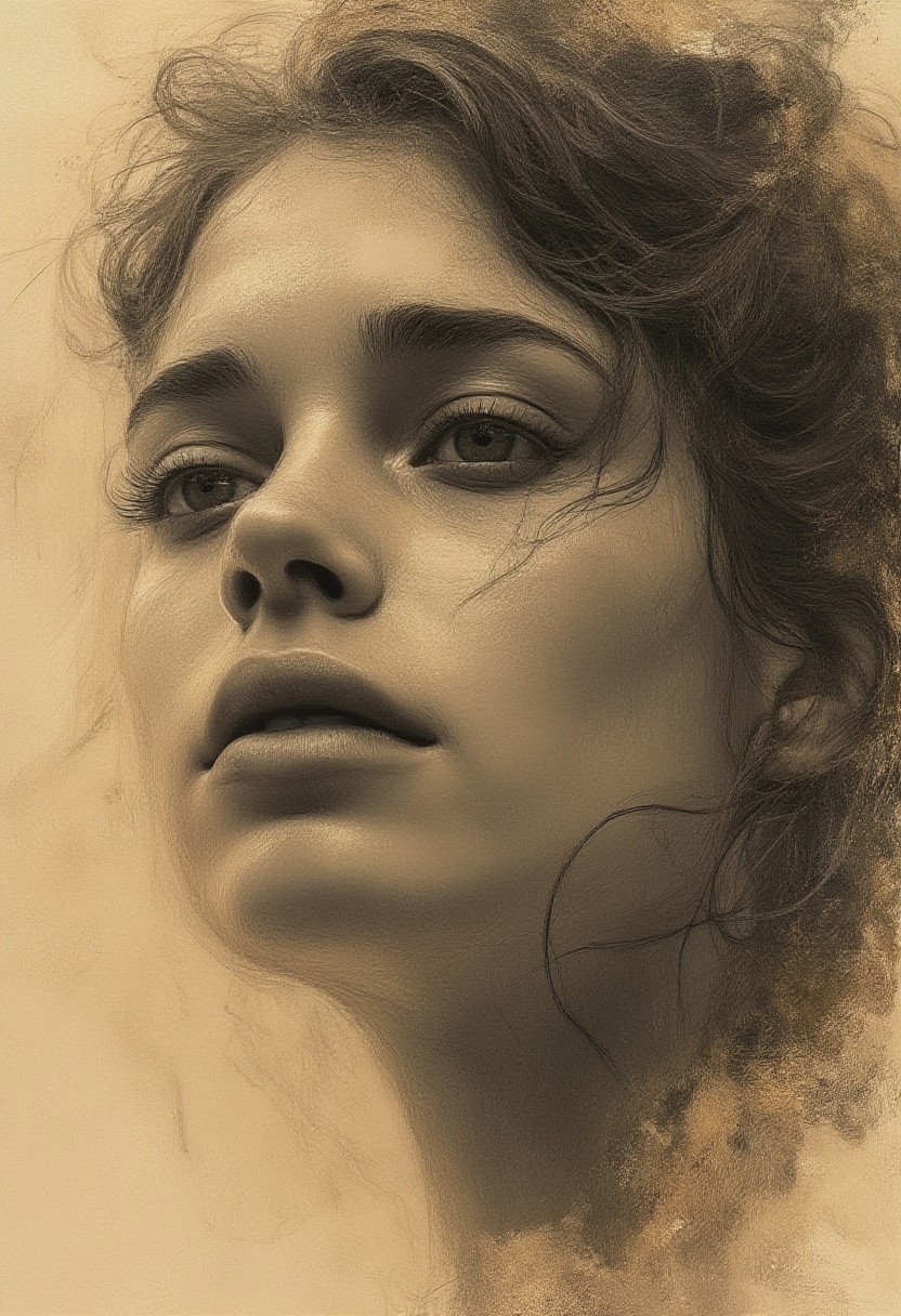 Close-up, high quality, masterpiece, portrait, rough charcoal drawing, beautiful girl, light beige, brown tinted paper, stain, rough shading
inspiration by JZdzisław Beksiński, Krzysztof Łukasiewicz
