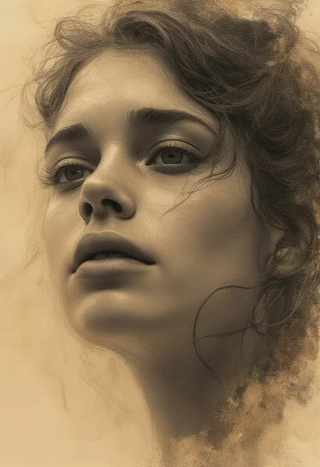 Close-up, high quality, masterpiece, portrait, rough charcoal drawing, beautiful girl, light beige, brown tinted paper, stain, rough shading
inspiration by JZdzisław Beksiński, Krzysztof Łukasiewicz