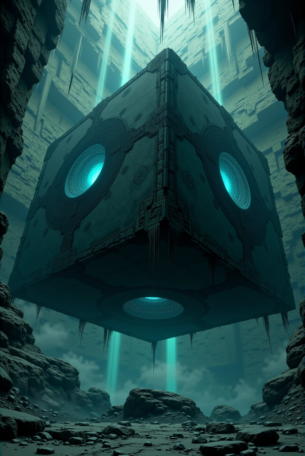 <lora:Legacy_of_the_forerunners_v.2:0.8>
Suspended midair within the shadowed vastness of a cavernous abyss, an immense cube of enigmatic design hovers with arcane presence, its matte-black surfaces adorned with etched sigils and concentric glyphwork that pulse faintly with cyan bioluminescence. Each face of the monolith features a single circular aperture encased in radial energy patterns that resemble organic retinas or quantum turbines, radiating swirling tendrils of cold blue light that flicker and spiral with hypnotic precision. Jagged stalactites descend like fangs from the cathedral-like ceiling above, while misty beams of cerulean light pour down from unseen fissures, illuminating the cube and casting ghostly rays through the ambient dust and moisture. Below, the cracked stone floor is littered with scattered boulders and faint traces of ancient ruins, hinting at long-forgotten civilizations or ritualistic origins. The air is thick with tension, as if the object thrums with dormant intelligence, an alien relic or extradimensional engine caught between stasis and awakening. Framed in a deep perspective with a centered low-angle composition and a cinematic chiaroscuro palette, the image captures an atmosphere of profound mystery and awe, blending surreal science fiction aesthetics with dark fantasy architecture to evoke a sense of cosmic enigma and forbidden knowledge.