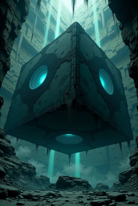 <lora:Legacy_of_the_forerunners_v.2:0.8>
Suspended midair within the shadowed vastness of a cavernous abyss, an immense cube of enigmatic design hovers with arcane presence, its matte-black surfaces adorned with etched sigils and concentric glyphwork that pulse faintly with cyan bioluminescence. Each face of the monolith features a single circular aperture encased in radial energy patterns that resemble organic retinas or quantum turbines, radiating swirling tendrils of cold blue light that flicker and spiral with hypnotic precision. Jagged stalactites descend like fangs from the cathedral-like ceiling above, while misty beams of cerulean light pour down from unseen fissures, illuminating the cube and casting ghostly rays through the ambient dust and moisture. Below, the cracked stone floor is littered with scattered boulders and faint traces of ancient ruins, hinting at long-forgotten civilizations or ritualistic origins. The air is thick with tension, as if the object thrums with dormant intelligence, an alien relic or extradimensional engine caught between stasis and awakening. Framed in a deep perspective with a centered low-angle composition and a cinematic chiaroscuro palette, the image captures an atmosphere of profound mystery and awe, blending surreal science fiction aesthetics with dark fantasy architecture to evoke a sense of cosmic enigma and forbidden knowledge.