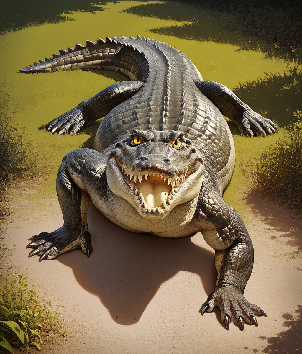 Score_9,score_8_up,score_7_up,solo,sharp_teeth,yellow eyes,scales,crocodile,crocodilian tail,claws,animal,photorealistic,<lora:Role_crocodile:0.6>,<lora:Style_Expressive_H_v1:0.8>,