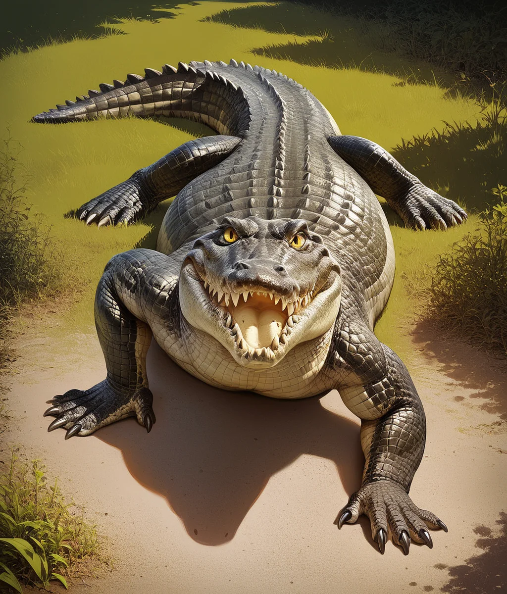 Score_9,score_8_up,score_7_up,solo,sharp_teeth,yellow eyes,scales,crocodile,crocodilian tail,claws,animal,photorealistic,<lora:Role_crocodile:0.6>,<lora:Style_Expressive_H_v1:0.8>,
