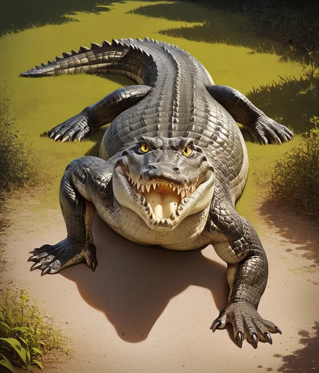 Score_9,score_8_up,score_7_up,solo,sharp_teeth,yellow eyes,scales,crocodile,crocodilian tail,claws,animal,photorealistic,<lora:Role_crocodile:0.6>,<lora:Style_Expressive_H_v1:0.8>,