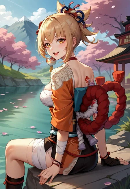 score_9, score_8_up, score_7_up, source_anime, 1girl, yoimiyadef, yellow eyes, blonde hair, ponytail, hair ornament, red choker, medium breasts, arm tattoo, flower tattoo, bandaged arm, chest tattoo, cleavage, chest sarashi, bandages, hadanugi dousa, shimenawa, rope, orange kimono, japanese clothes, obi, sash, pouch, single fingerless glove, black gloves, bandaged leg, single thighhigh, black thighhighs, asymmetrical legwear, black socks, geta, sitting, on a rock, smile, open mouth, looking at viewer, outdoors, cherry blossoms, shrine, lake, mountain in the background, portrait, close-up, upper body, from behind, back, looking back, <lora:Yoimiya_v1-000010:1>
