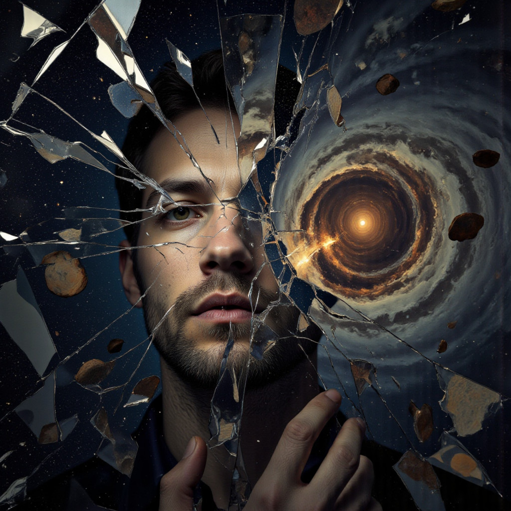 <lora:lora-DuoTone, Bleaked White_trained:1>The shattered mirror pieces in the background reveal deep space, a swirling cosmic storm with asteroids drifting silently behind the man.
.