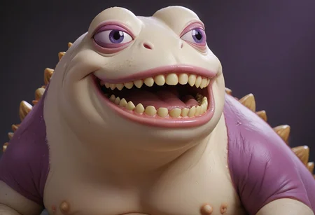 HD, Raytracing, cinematic, sense of scale, 1massive pepe_frog+chonkasaurus, albino, human teeth, skeletal, atmospheric, empty space, colours, blurry background, realistic, purple realistic eyes, bloodshot eyes, <lora:chonkasaurus-000003:1>