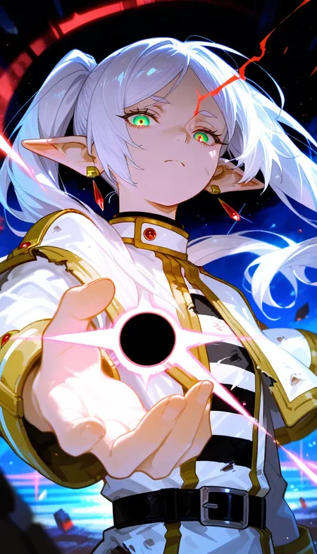 (masterpiece, best quality), amazing quality, very aesthetic, absurdres, highres, newest, HDR, 8K, high detail RAW color art, intricate details, high contrast, detailed background, large pupil, eyelashes, shiny skin, dak depth, low kye,
1girl, frieren,\(sousou no frieren\), green eyes, (eye trail:1.2), light ray, white hair, long hair, twintails, pointy ears, earrings, white capelet, striped shirt, long sleeves, belt, Dirty or torn clothing, Injury, one eye bleeding, reaching towards viewer, intense energy wave motion, A black hole, a blade of light, super-compressed in the palm of your hand, Ultra highly compressed black hole, blade of light, upper body, floating body, float, hollow, three-quarter view, dutch angle, foreshortening, looking at viewer, (prism), (schein flare), underlighting, dynamic pose, serious expression, closed mouth, energy wave, to many sparkle effect, (sparkle), (bluish-white flash), (battle effec), debris dancing violently, bloom effect, depth field, dappled light, broken effect, <lora:748cmSDXL:0.6>, <lora:θε‘γ:0.45>, <lora:ponyv5_noobV065S_1:1>, <lora:spo_sdxl_10ep_4k:0.6>, <lora:GBF_Illustrious:0.4>, <lora:MeMaXL4:0.8>