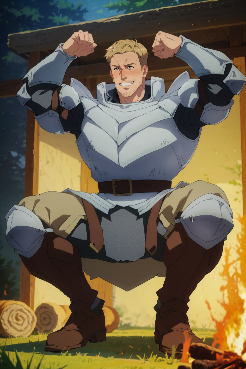 score_9,score_7_up,score_6_up,score_5_up,score_4_up, 1boy, solo, bara, muscular male, beard, blonde hair, green eyes, ear blush, nose blush, outdoors, narrow waist, grin, squatting, from below, full body, belt, armor, flexing double biceps pose, perfect anatomy, perfect proportions, best quality, masterpiece, high_resolution, high quality, best aesthetic, incredibly absurdres, highres, extremely detailed, huge filesize, source_anime \(campfire cooking in another world with my absurd skill\), sharp shadows, direct lighting, vibrant colors, glow effect, bloom, edge color fringing, chromatic aberration, Werner from anime \(Campfire cooking in another world with my absurd skill\),  <lora:add-detail-xl:1>,  <lora:Anime Summer Days 2 Style SDXL_LoRA_Pony Diffusion V6 XL:0.8>,  <lora:Werner_-_Campfire_cooking_in_another_world_with_my_absurd_skill-vtest1:1>