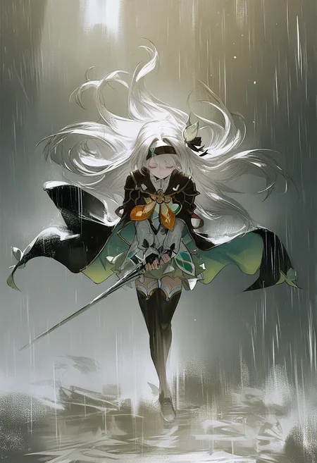 1girl, solo, long hair, black hairband, weapon, hairband, sword, black jacket, neckerchief, jacket, skirt, holding, orange neckerchief, bow, holding weapon, long sleeves, holding sword, shirt, thighhighs, white shirt, closed eyes, hair bow, rain, floating hair, hair intakes, full body, closed mouth, white hair, grey hair <lora:YLXL_NBVP1_lokr_V6311P:0.95>