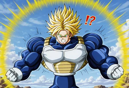 SSGTFutureTrunks, 1boy, spiked hair, yellow hair, super saiyan, blue eyes, saiyan armor, blue bodysuit, white gloves, boots, two tone footwear, white footwear, muscular, massive muscles, very muscular, solo, fighting stance, arms at sides, upper body, looking at viewer, angry, teeth, gritting teeth, yellow aura, blue sky, clouds, scene reference, verybadimagenegative_v1.3, !?, (((Uneven hyper arm growth))),