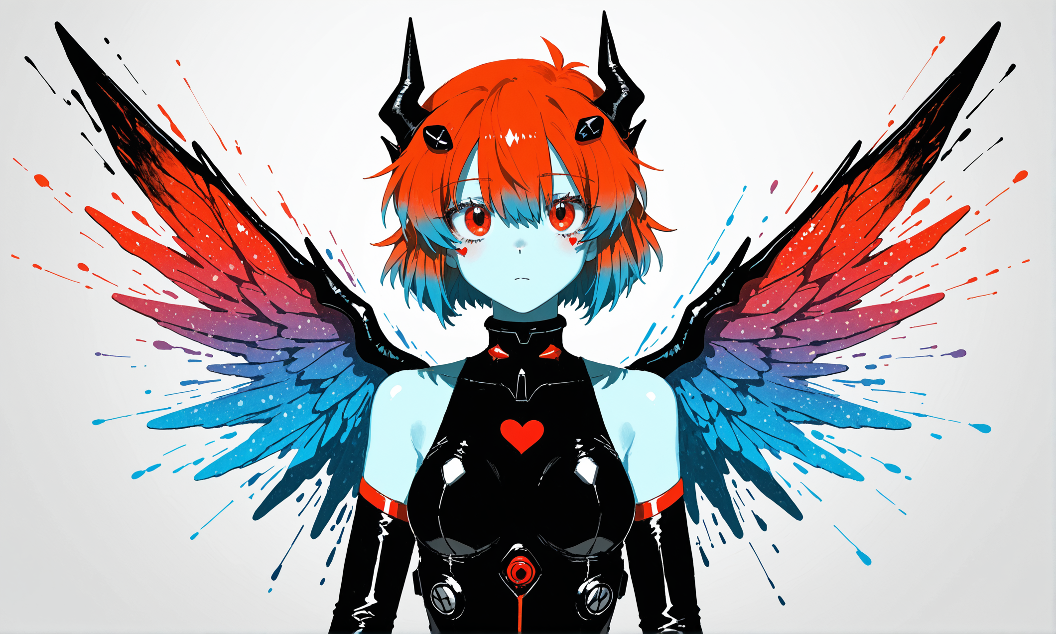masterpiece, best quality, good quality, waterkuma, [quasarcake, rebecca \(keinelove\),masterpiece, best quality, good quality, anime,
(best quality:1.2), 1girl, neat girl, plugsuit, detached sleeves, bare shoulders, simple background, short hair, stylish hair, upper body, high contrast, aqua, red, hearts, wings, horns, blue skin, flat color, splashes of color, colors mashing, colorful dots, paint splatter, dynamic pose