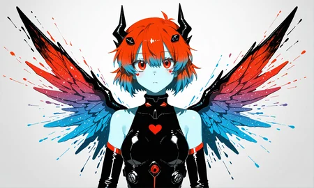 masterpiece, best quality, good quality, waterkuma, [quasarcake, rebecca \(keinelove\),masterpiece, best quality, good quality, anime,
(best quality:1.2), 1girl, neat girl, plugsuit, detached sleeves, bare shoulders, simple background, short hair, stylish hair, upper body, high contrast, aqua, red, hearts, wings, horns, blue skin, flat color, splashes of color, colors mashing, colorful dots, paint splatter, dynamic pose