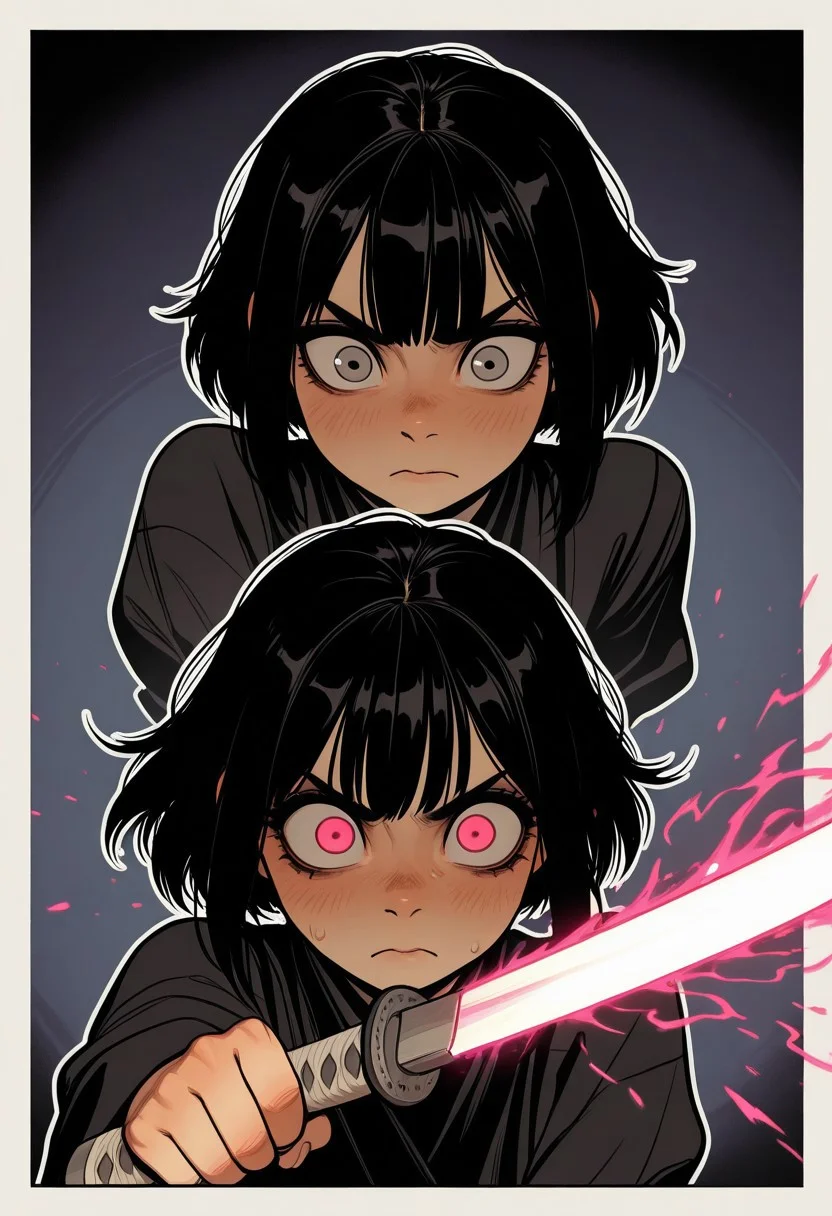 gothic_glittercore, masterpiece,best quality,amazing quality, artist: ShintAro kago, (artist: incase:0.7), male space samurai, black hair, big eyes, movement, ssword fight,
white outline glow, chromatic aberration, high res image, high res image, high res image