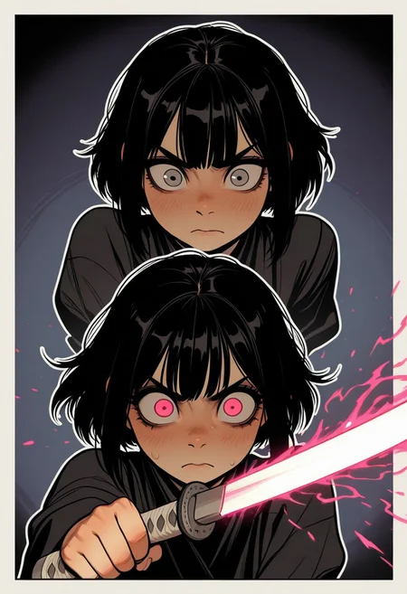 gothic_glittercore, masterpiece,best quality,amazing quality, artist: ShintAro kago, (artist: incase:0.7), male space samurai, black hair, big eyes, movement, ssword fight,
white outline glow, chromatic aberration, high res image, high res image, high res image