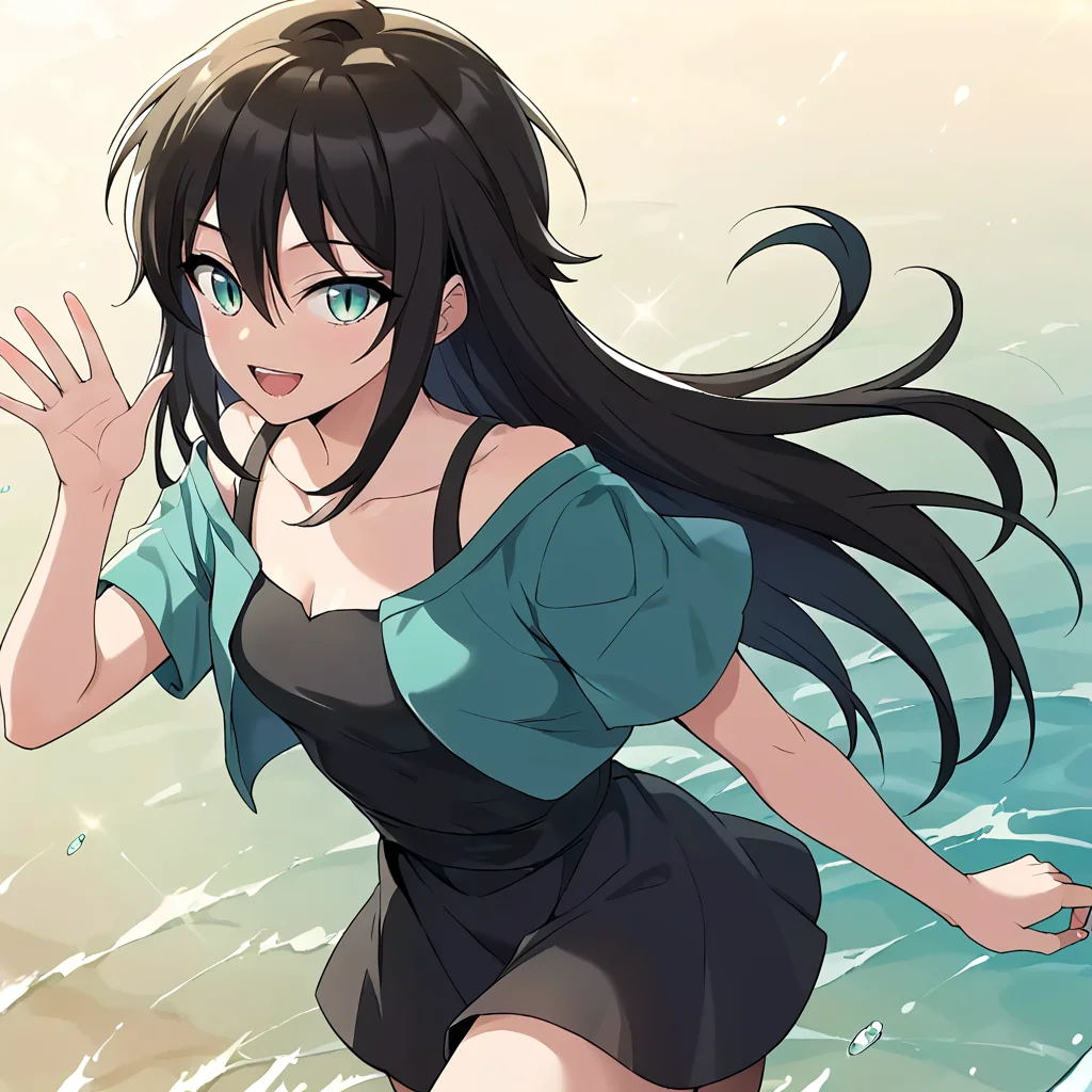 1girl, solo, rurin, long hair, black hair, aqua eyes, slit pupils, hair between eyes, bangs, collarbone, small breasts, cleavage, bare shoulders, dress, green jacket, short sleeves, black dress, black tank top, looking at viewer, hips, cowboy shot, smile, standing on one leg, waving, open mouth,
score_9, score_8_up, score_7_up, masterpiece,
<lora:Rurin_r1:0.8>