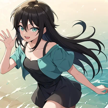 1girl, solo, rurin, long hair, black hair, aqua eyes, slit pupils, hair between eyes, bangs, collarbone, small breasts, cleavage, bare shoulders, dress, green jacket, short sleeves, black dress, black tank top, looking at viewer, hips, cowboy shot, smile, standing on one leg, waving, open mouth,
score_9, score_8_up, score_7_up, masterpiece,
<lora:Rurin_r1:0.8>