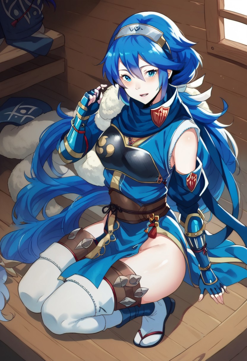 score_9, score_8_up, score_7_up,  <lora:dannex009:1>, uncensored, 1girl, LucinaNinja, blue hair, long hair, blue eyes, tiara, armor, fingerless gloves, japenese cothes, scarf, cabin, full body, look at viewer