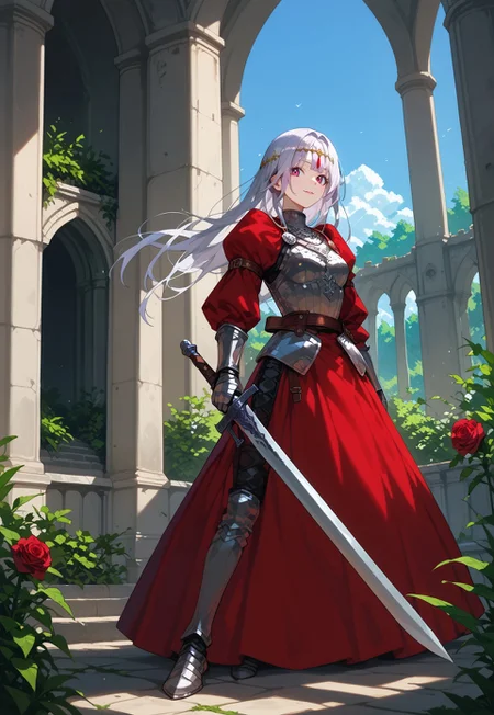 safe_pos, (score_9, score_8_up, score_7_up, score_6_up, score_5_up, score_4_up), absurdres, intricate details, 1girl, solo, hime style hair, knight, plate armor, silver armor, shiny armor, armored dress, engraved, red skirt, long skirt, red sash, circlet, holding sword, leather straps, silver hair, long hair, red eyes, breasts, slim, beautiful, calm, slight smile, outdoors, castle, medieval castle, columns, ruins, scenery, day, blue sky, garden, roses, rose bush, vines, dynamic pose, facing viewer,