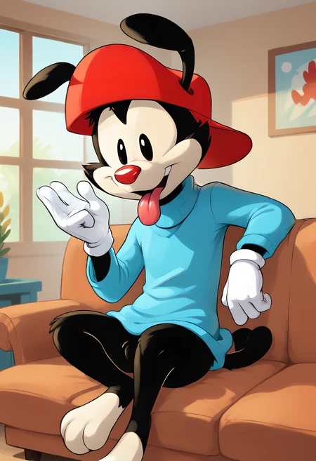 score_9, score_8_up, score_8, <lora:Wakko_Warner_Animaniacs_for_PonyXL:0.8> 1boy, furry, animal ears, w4kk0, hat, red headwear, tongue, white gloves, tail, blue sweater, sitting on couch, living room, window,