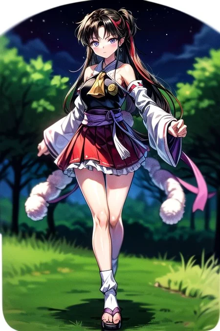 masterpiece, best quality 1girl Setsun4 solo long hair, (night time) forest background black hair very long hair purple eyes multicolored hair armor (fur trim) (medium body),<lora:EMS-179-EMS:0.800000>,<lora:EMS-293862-EMS:0.800000>ascot, bare shoulders, black footwear, detached sleeves, embellished costume, frills, japanese clothes, nontraditional miko, red skirt, sandals, sarashi, skirt, socks, armor, miko