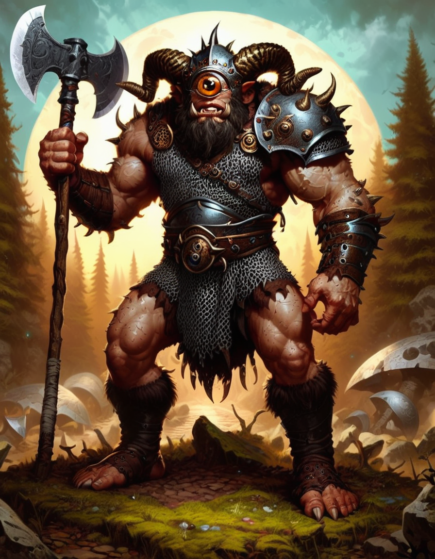 ral-cyclops, score_9, score_8_up, score_7_up, score_6_up, score_5_up, score_4_up, solo,1boy,holding,standing,full_body,weapon,male_focus,boots,outdoors,horns,holding_weapon,armor,tree,muscular,facial_hair,moon,shoulder_armor,nature,beard,spikes,forest,monster,axe,bald,one-eyed,holding_axe,cyclops,tusks,battle_axe <lora:ral-cyclops-pony:1>
