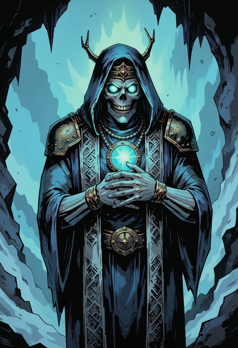 inked comic illustration in TTCSV1.0 artstyle that features A spectral and eerie figure dominates the image, shrouded in an ethereal aura of icy blues and luminous light. This skeletal sorcerer exudes an otherworldly presence, its form wrapped in tattered robes that ripple and dissolve into mist as though consumed by an eternal frost. The armor beneath the decayed fabric glimmers with a metallic sheen, its surface adorned with intricate patterns of arcane design. The centerpiece is a glowing amulet embedded in the chest, radiating a cold, bluish energy that pulses outward, casting shifting light across the surrounding haze. The skull of the figure is crowned with a jagged, ceremonial headpiece that appears ancient, its sharp edges illuminated by a spectral glow. The empty eye sockets blaze with an intense, piercing light, as if harboring the icy flames of undeath. Strands of energy coil around its bony hands, hinting at the destructive magic it commands. Each bone is finely detailed, with cracks and engravings suggesting the weight of time and dark enchantments. The background is a swirling abyss of frosty winds and glowing particles, rendered in deep, celestial blues that evoke a void-like expanse.