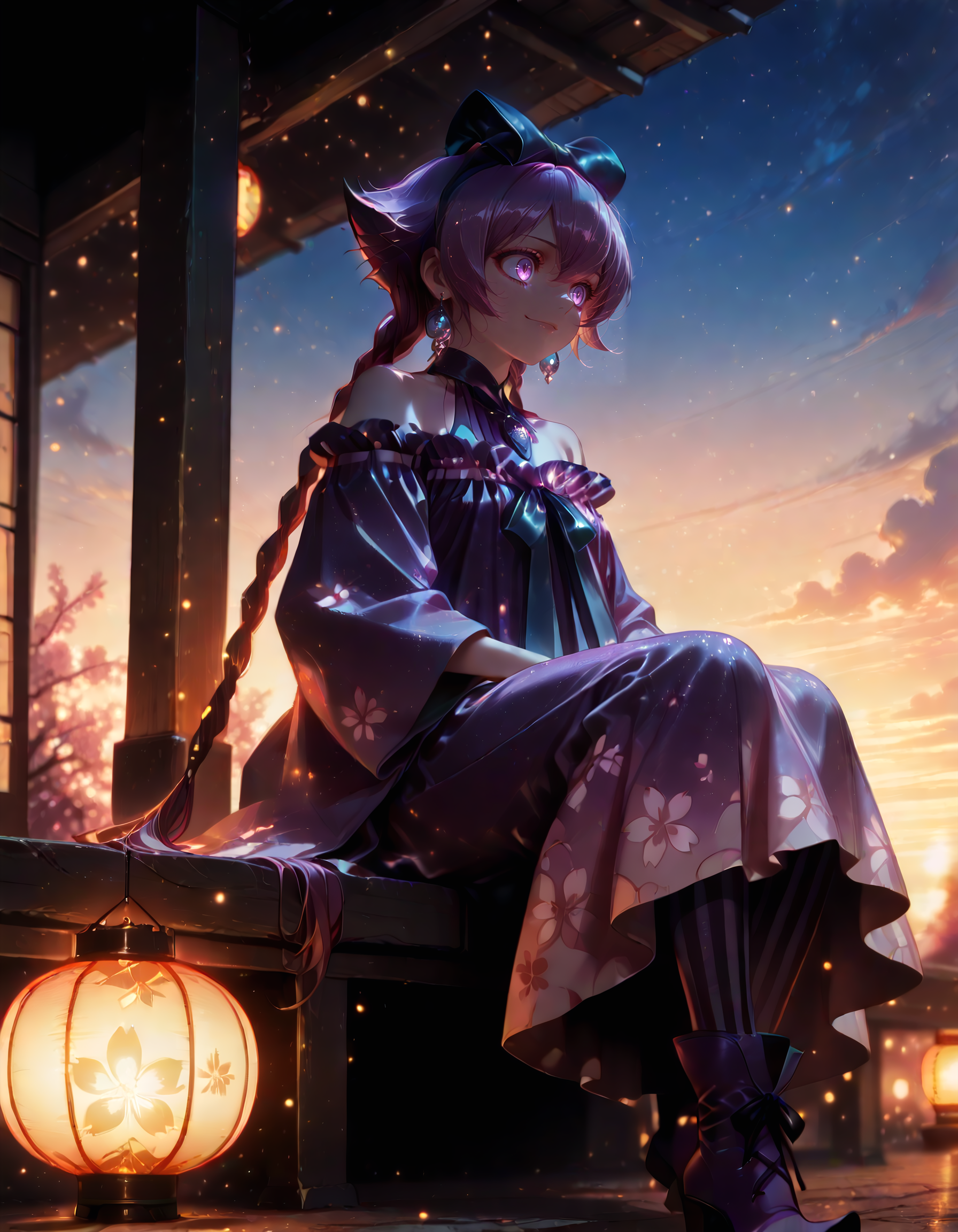 Smooth Quality <lora:mimiko_IL:1> mimiko, purple hair, long hair, twin braids, hair bow, purple eyes, jewelry, earrings, choker, bare shoulders, purple dress, vertical-striped pantyhose, purple footwear, 1girl, closed_mouth, cloud, jewelry, necklace, outdoors, sitting, smile, solo, sunset, lantern_festival, sakura_blossoms_above, nighttime_scene, warm_paper_lantern_light, intimate_mood, gentle_floating_pose, (rei /(sanbonzakura/):1.3),, <lora:V2_yakumo_alchemy:1> glowing, glowing particles, glowing light particles, light particles, flame lilac, detailed eyes, detailed face, detailed skin <lora:DetailedEyes_V3:1> <lora:cfg_scale_boost:0.7> <lora:lightingSlider:-1> golden hour (sidelight:1.2), <lora:SkindentationIL3.4_alpha16.0_rank32_full_400steps:4> <lora:Crazy_Btch_-_Psychopath_expression:1> psych0path <lora:ponyv6_noobE11_2_adamW:0.7>