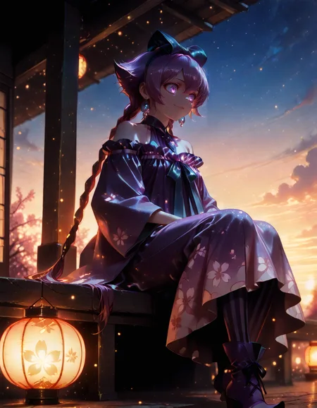 Smooth Quality <lora:mimiko_IL:1> mimiko, purple hair, long hair, twin braids, hair bow, purple eyes, jewelry, earrings, choker, bare shoulders, purple dress, vertical-striped pantyhose, purple footwear, 1girl, closed_mouth, cloud, jewelry, necklace, outdoors, sitting, smile, solo, sunset, lantern_festival, sakura_blossoms_above, nighttime_scene, warm_paper_lantern_light, intimate_mood, gentle_floating_pose, (rei /(sanbonzakura/):1.3),, <lora:V2_yakumo_alchemy:1> glowing, glowing particles, glowing light particles, light particles, flame lilac, detailed eyes, detailed face, detailed skin <lora:DetailedEyes_V3:1> <lora:cfg_scale_boost:0.7> <lora:lightingSlider:-1> golden hour (sidelight:1.2), <lora:SkindentationIL3.4_alpha16.0_rank32_full_400steps:4> <lora:Crazy_Btch_-_Psychopath_expression:1> psych0path <lora:ponyv6_noobE11_2_adamW:0.7>